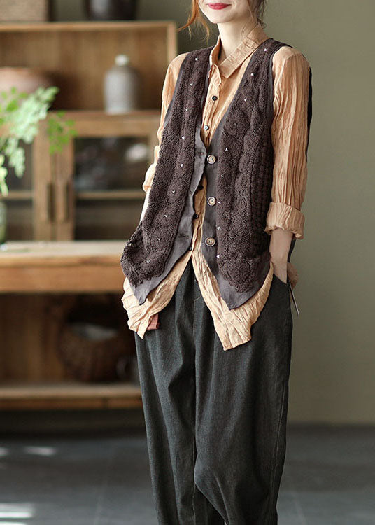 Stylish Chocolate Patchwork Button Rivet Fall Sleeveless Vest