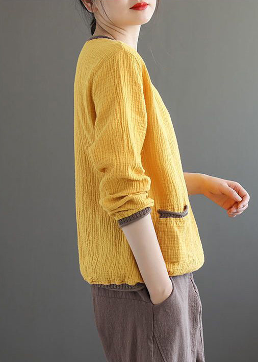 Purple V Neck Pockets Patchwork Cotton Top Fall