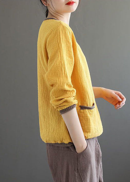 Purple V Neck Pockets Patchwork Cotton Top Fall