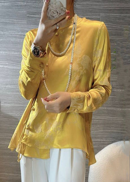 New Yellow Chinese Button Print Silk Blouses Spring