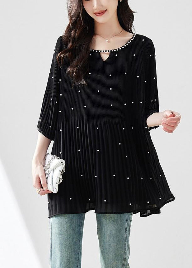 Modern Black O-neck Nail Bead Silk Top Half Sleeve
