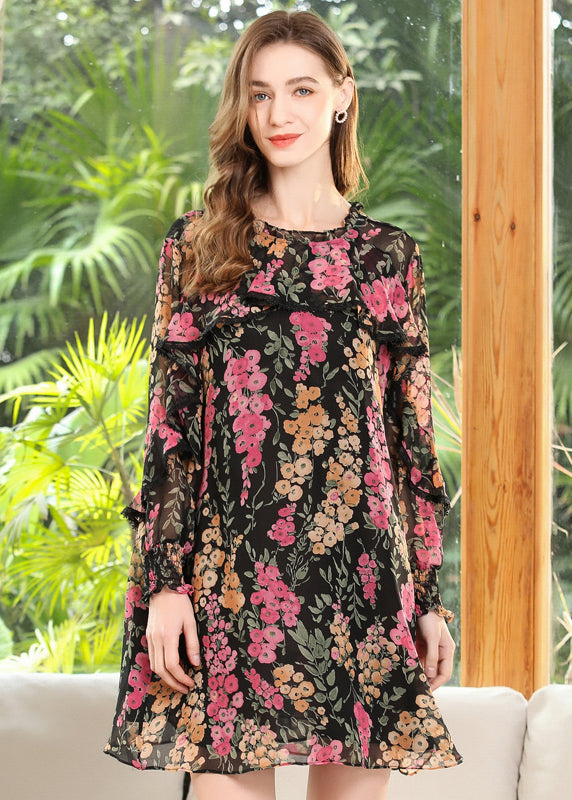 Loose Black O-neck Ruffled Print Chiffon Maxi Dress Spring