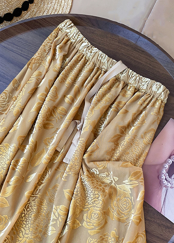 Yellow Print Drawstring Cotton Skirts Fall