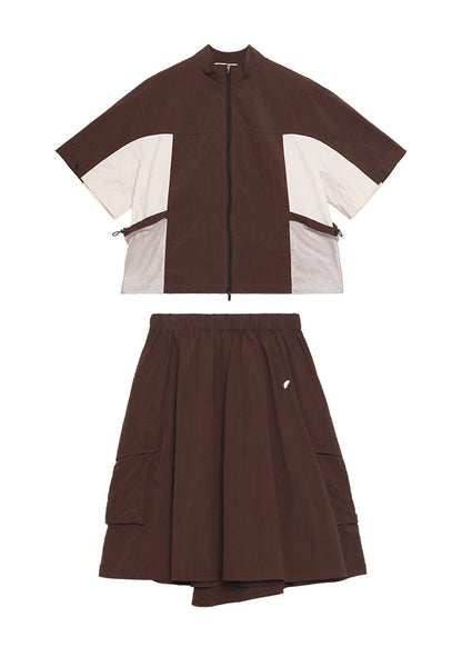 Zip Up Patchwork Tops and Skirts Cotton Two Pieces Set Summer