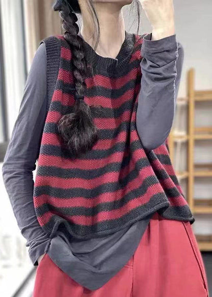 Unique Red O-neck Striped Knit Vest Spring