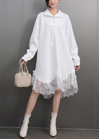 White Peter Pan Collar Lace Patchwork Long Dress Fall