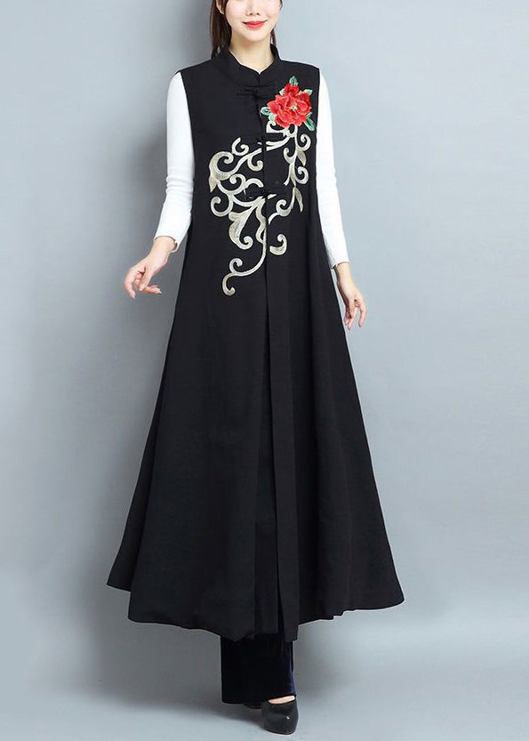 Black Embroideried Side Open Patchwork Cotton Long Waistcoat Sleeveless