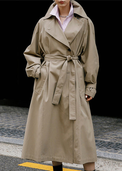 Khaki Peter Pan Collar Tie Waist Button Pockets Cotton Trench Coats Long Sleeve Fall