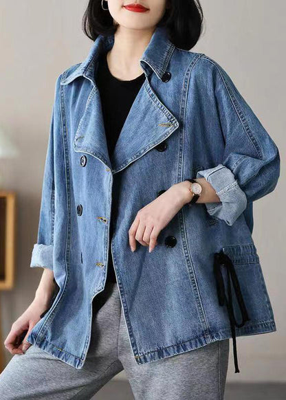 Blue Notched Patchwork Tie Waist Denim Coats Long Sleeve