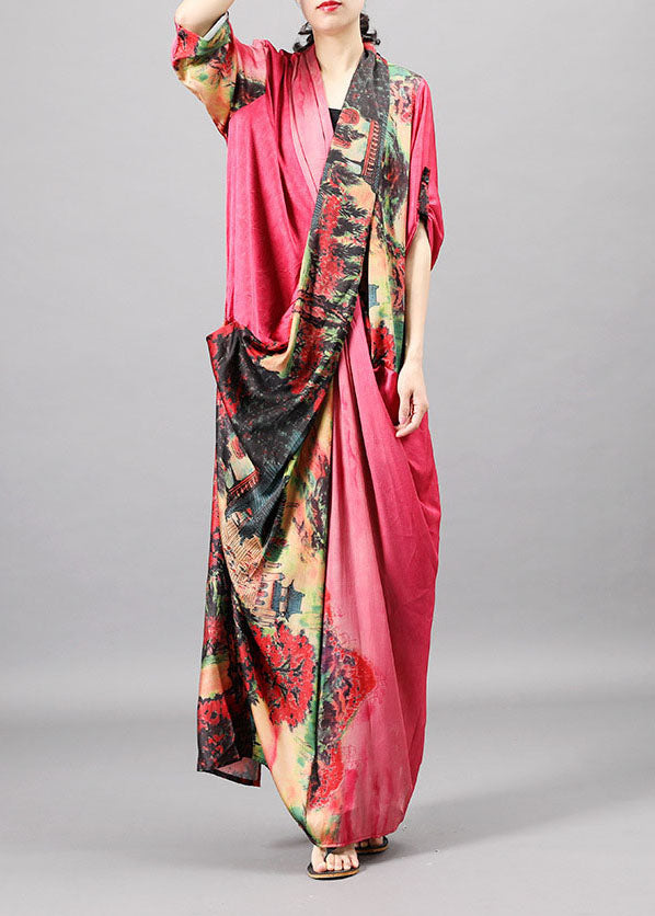 Pink Pockets Print Patchwork Fall Half Sleeve Dress