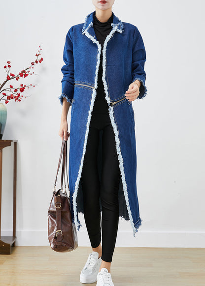 Modern Blue Zip Up Wear on Both Sides Denim Trench Coats Fall