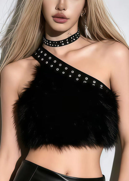 Black Asymmetrical Patchwork Faux Fur Vests