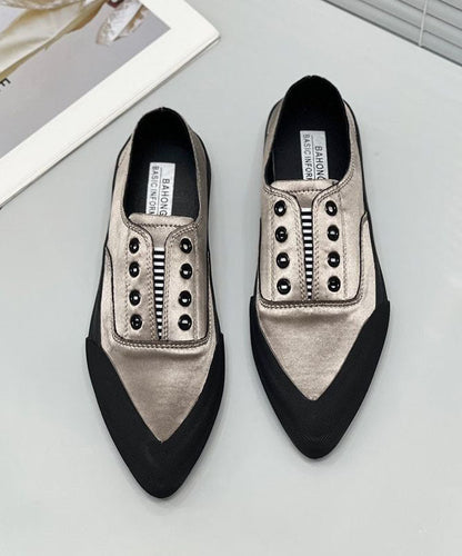 Khaki Silk Blended Boutique Splicing Pointed Toe Flat Shoes for