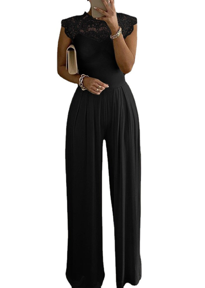 Black Patchwork Lace Wide Leg Pants Jumpsuits Sleeveless