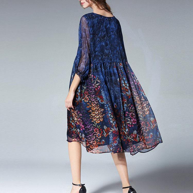 Unique Blue Print Tunic Pattern O Neck Cinched Summer Dresses