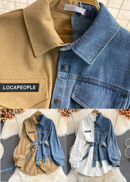 Khaki Peter Pan Collar Patchwork Button Denim Top Spring