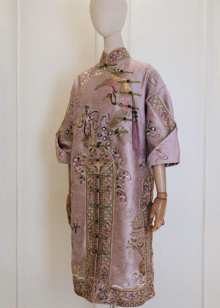 Pink Stand Collar Embroideried Button Silk Cotton Maxi Dresses Fall