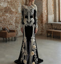 Comstylish Women's Vintage Halloween Skull Rose Art Velvet Crew Neck Maxi Dress