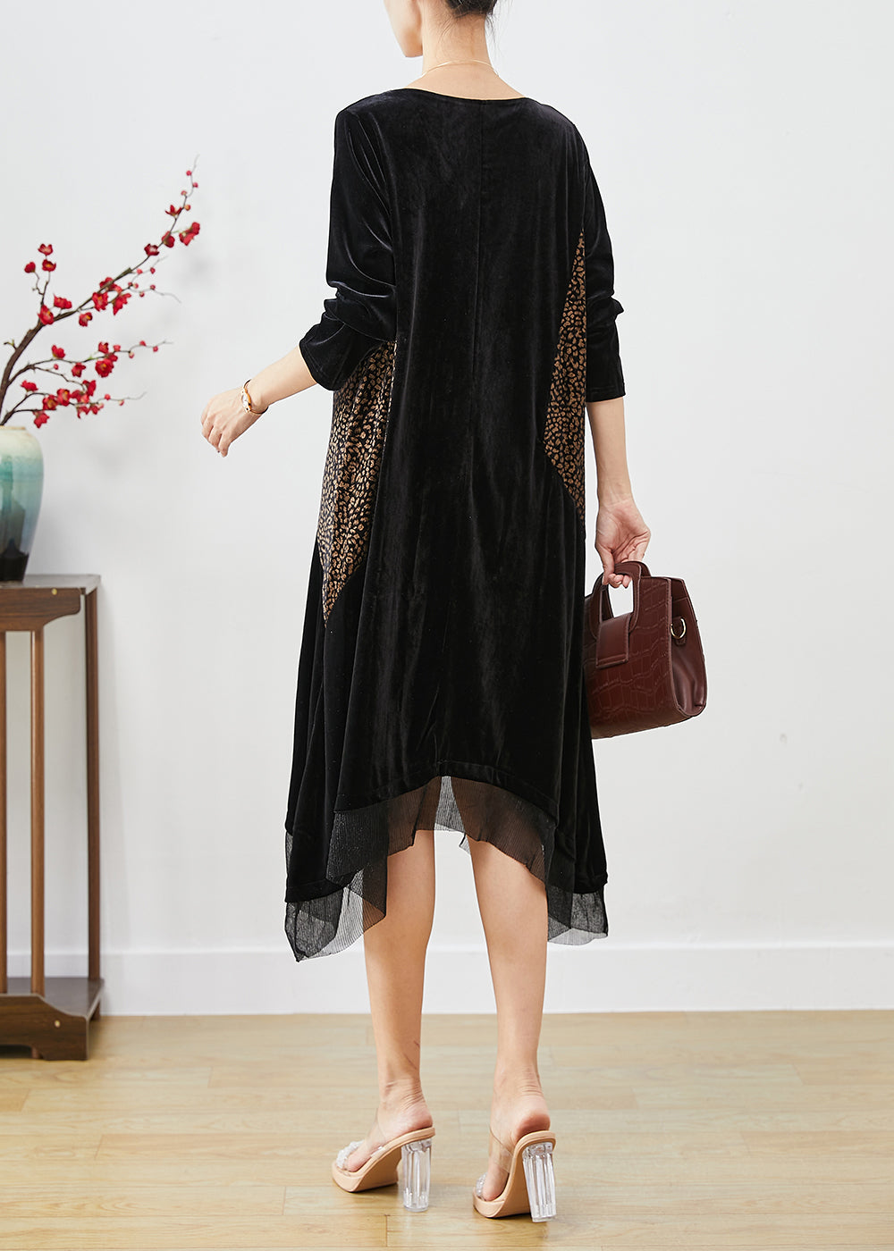 Black Oversized Patchwork Silk Velour Maxi Dresses Fall