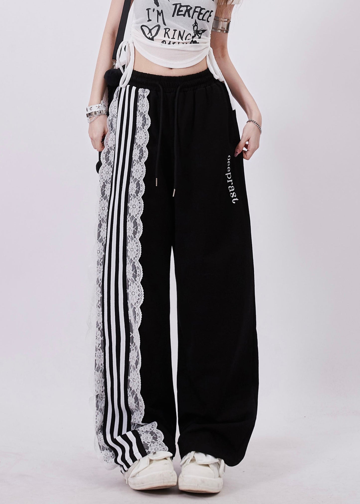 Black Pockets High Waist Lace Up Patchwork Pants Fall