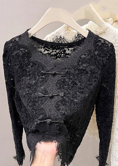 Novelty Black V Neck Button Lace Tops Spring