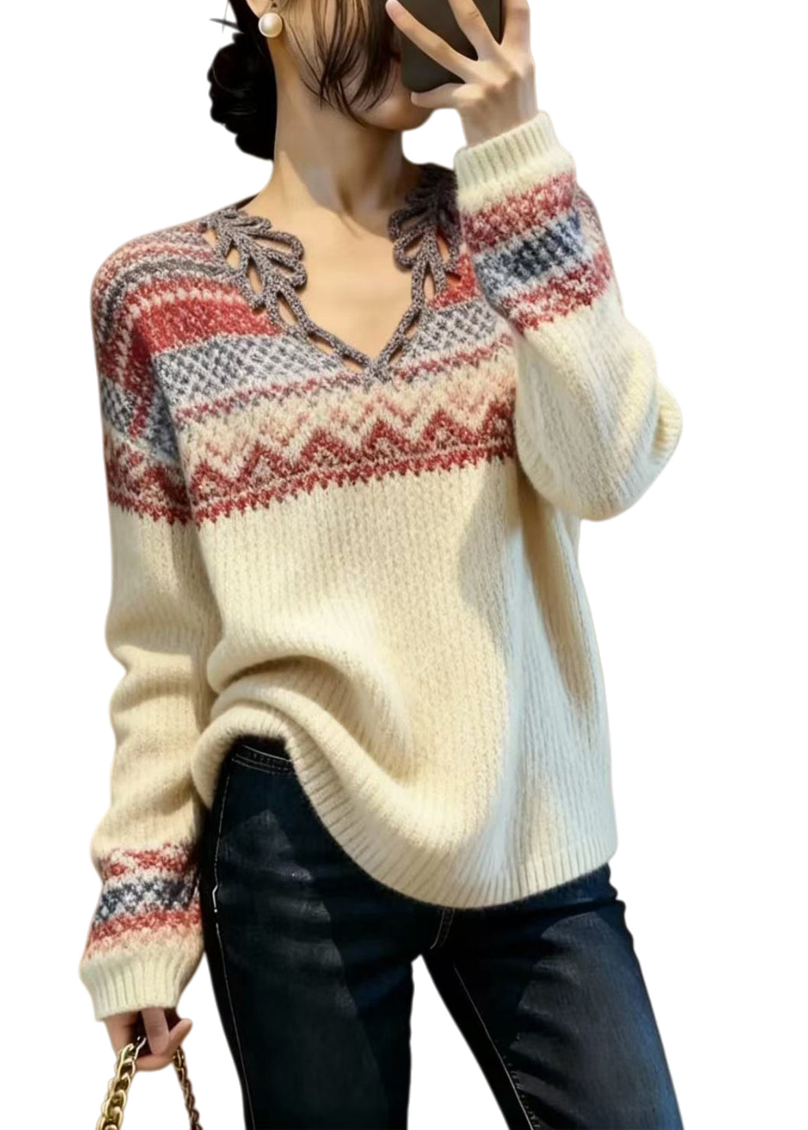 Beige V Neck Print Knitted Tops Spring