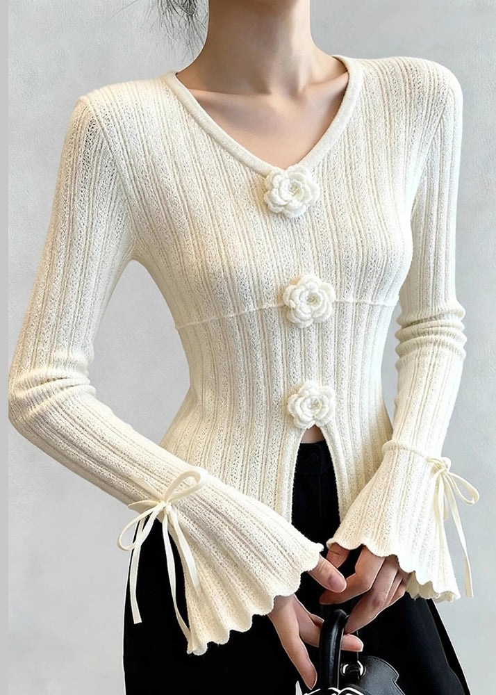 French White Patchwork Thin Knit Top Flare Sleeve