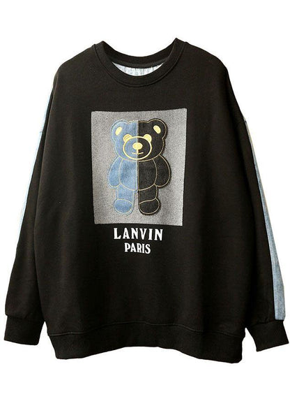 Black Patchwork Denim Print Fall Sweatshirts