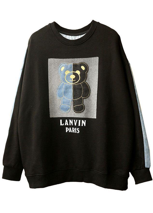 Black Patchwork Denim Print Fall Sweatshirts