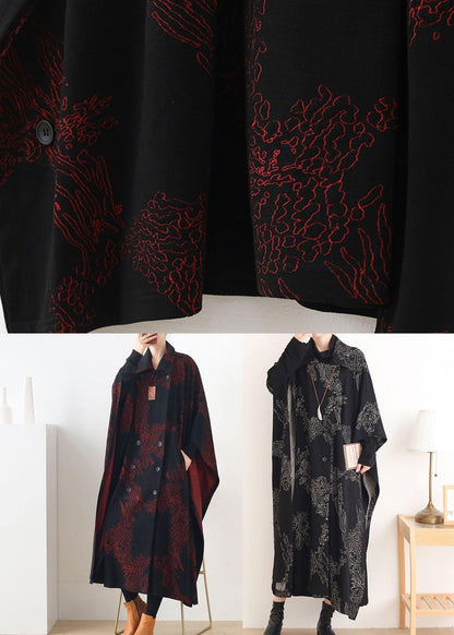Black Print Peter Pan Collar Button Long Trench Coats