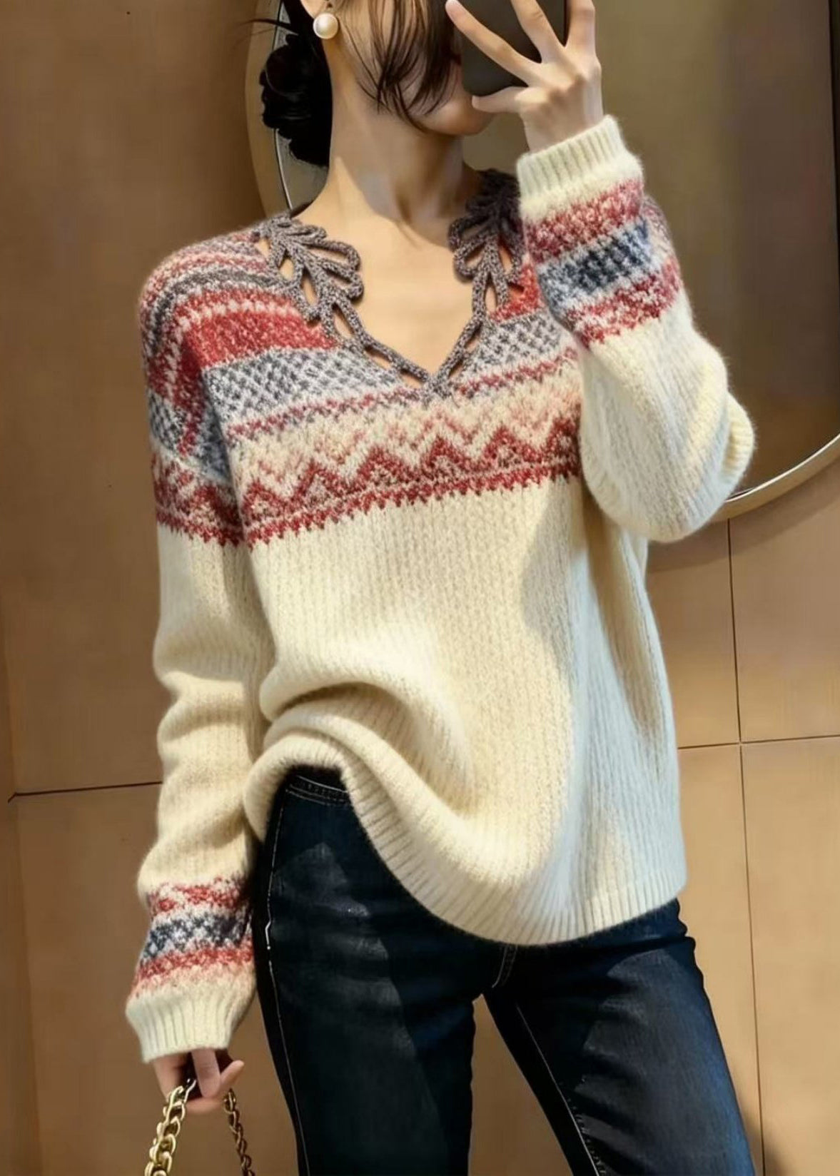 Beige V Neck Print Knitted Tops Spring