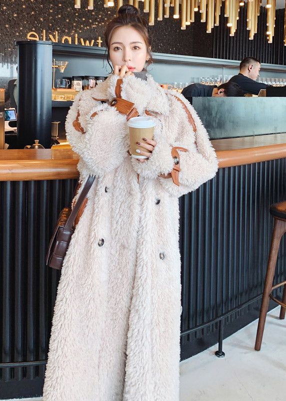 Apricot Notched Patchwork Button Thick Tie Waist Faux Fur Long Parka Coats Winter