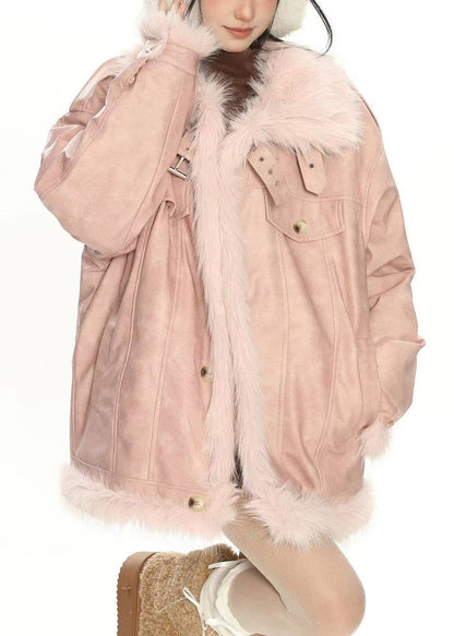 Pink Oversized Patchwork Warm Faux Leather Coat Winter
