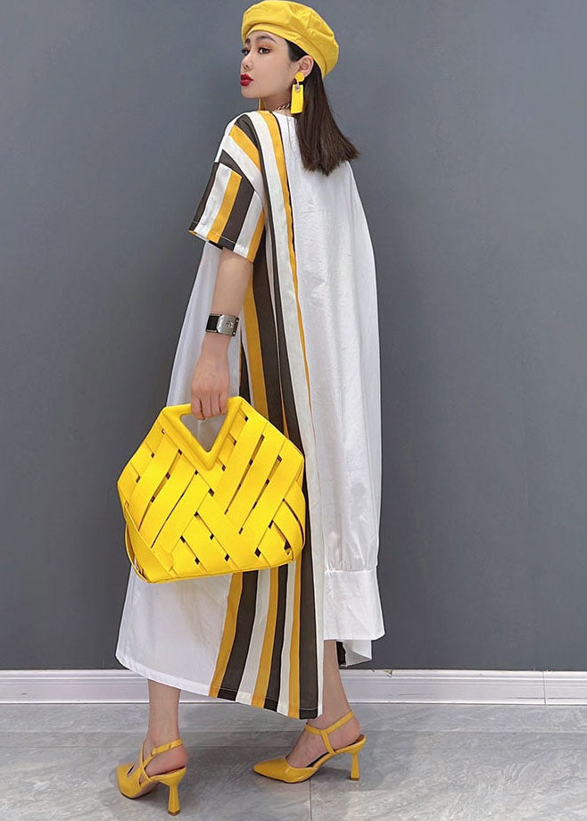 Yellow Asymmetrical Striped Print Patchwork Cotton Maxi Dresses Short Sleeve Summer