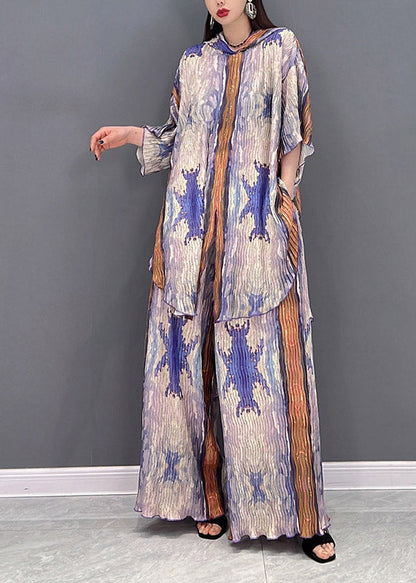 Colorblock Hooded Side Open Print Tops and Wide Leg Pants Two-piece Set Spring