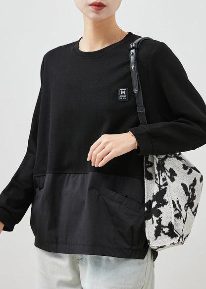 Black Patchwork Cotton Sweatshirt Oversized Spring