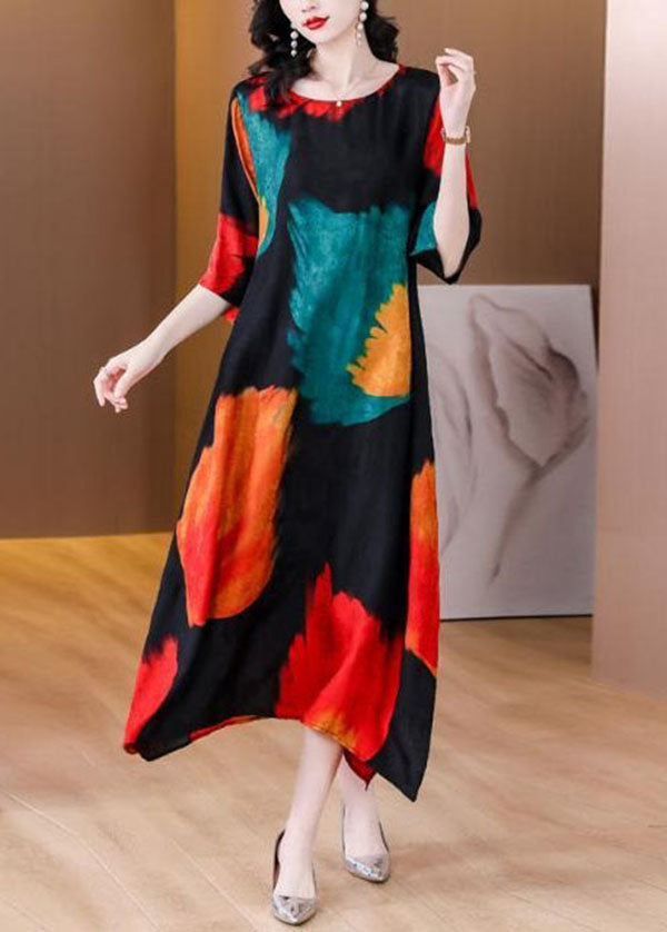 Colorblock O Neck Print Patchwork Silk Dress Summer