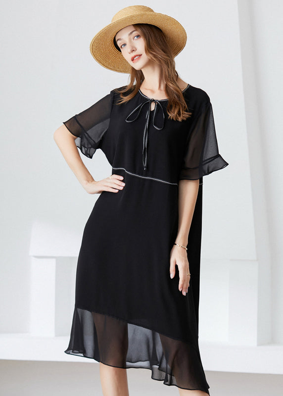 Modern Black O-neck Ruffles Lace Up Chiffon Long Dress Summer