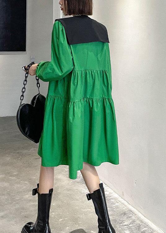 Green O-neck Button Zippered Fall Dress Long Sleeve