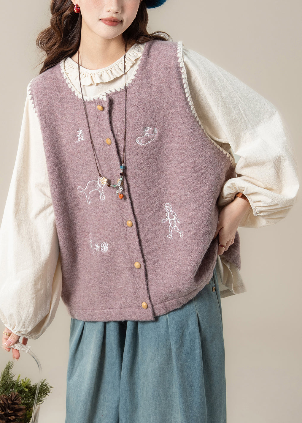 Loose Purple Embroidered Knit Vest and Apricot Ruffled Cotton Shirts Two Pieces Set Spring
