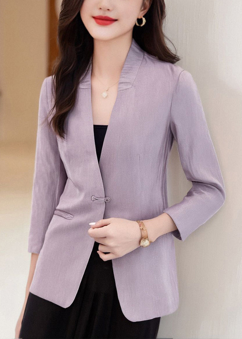 Purple V Neck Button Pockets Cotton Coats Bracelet Sleeve