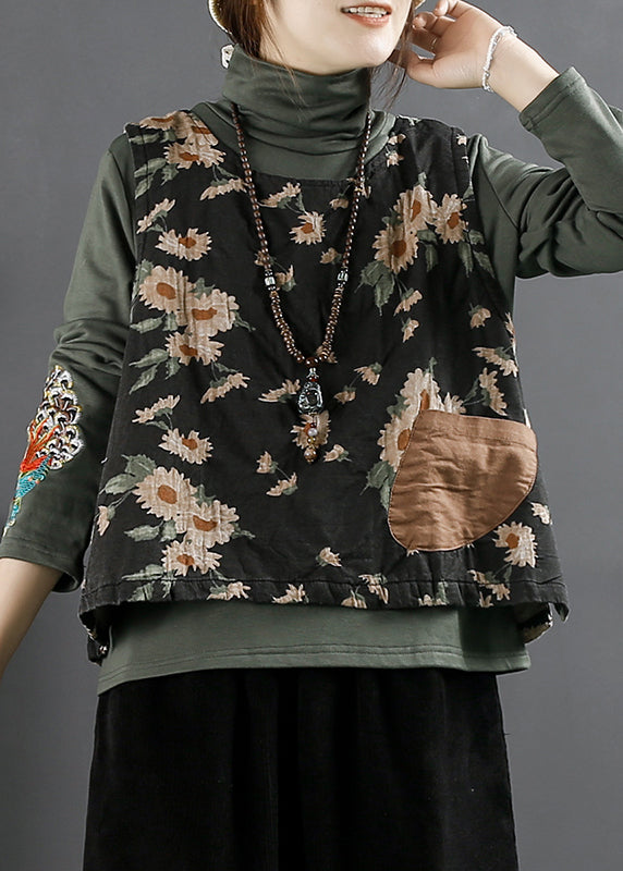 Orange O Neck Print Pockets Thick Waistcoat Sleeveless