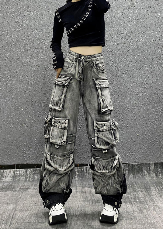 Gray Black Multi Pocket Denim Pants Autumn