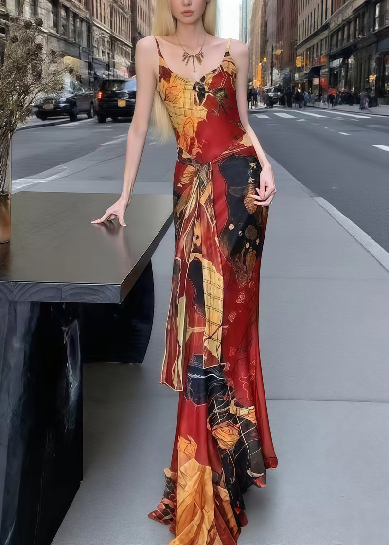 Red Painting Tie Waist Tulle Spaghetti Strap Dress Summer