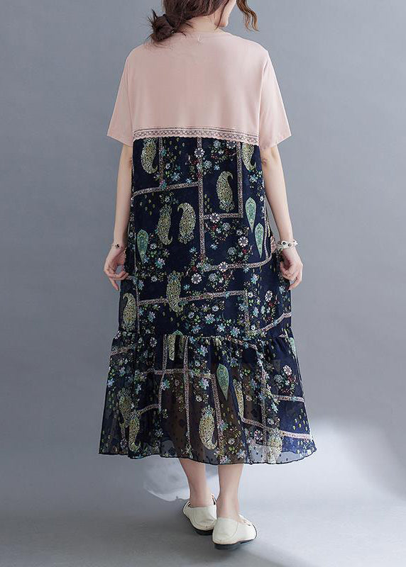 Art Colorblock O-neck Patchwork Ruffles Cotton Dresses Summer