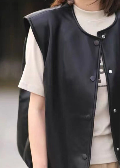 New Black O-neck Drawstring Faux Leather Vest Sleeveless