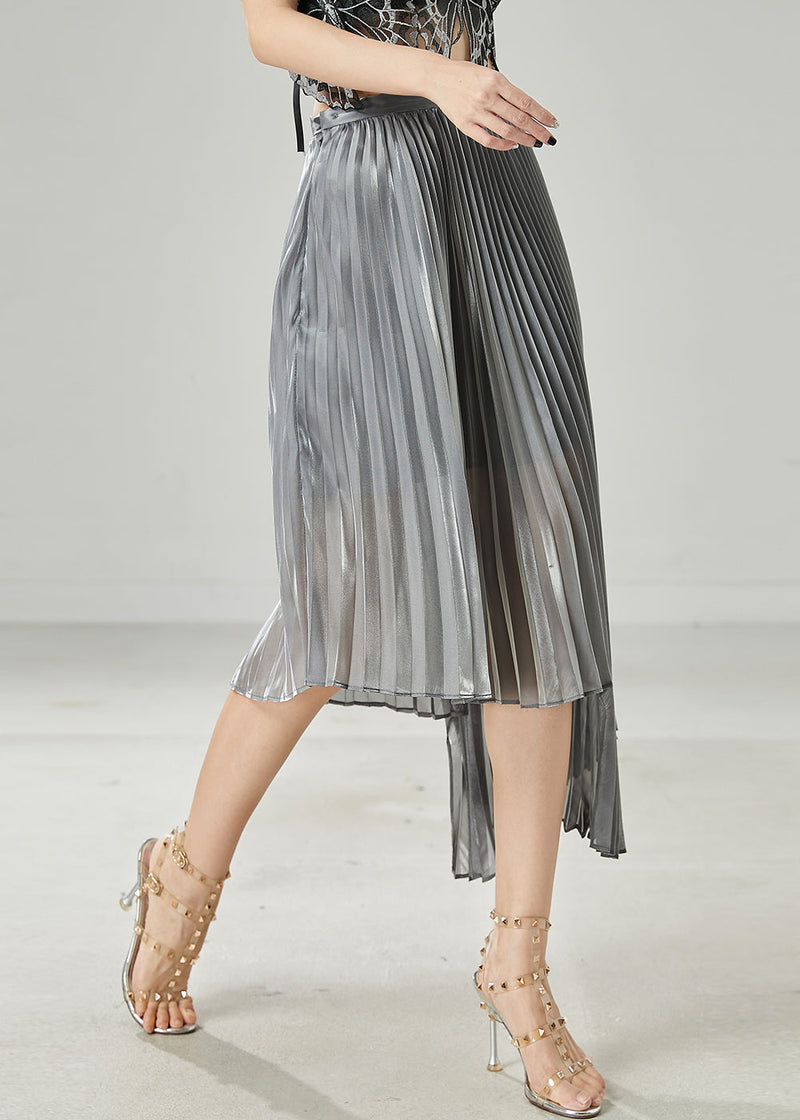 Grey Asymmetrical Design Chiffon Pleated Skirt Summer