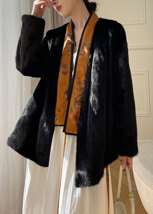 Top Quality Black Print Lace Up Mink Hair Leather and Fur Coats Winter
