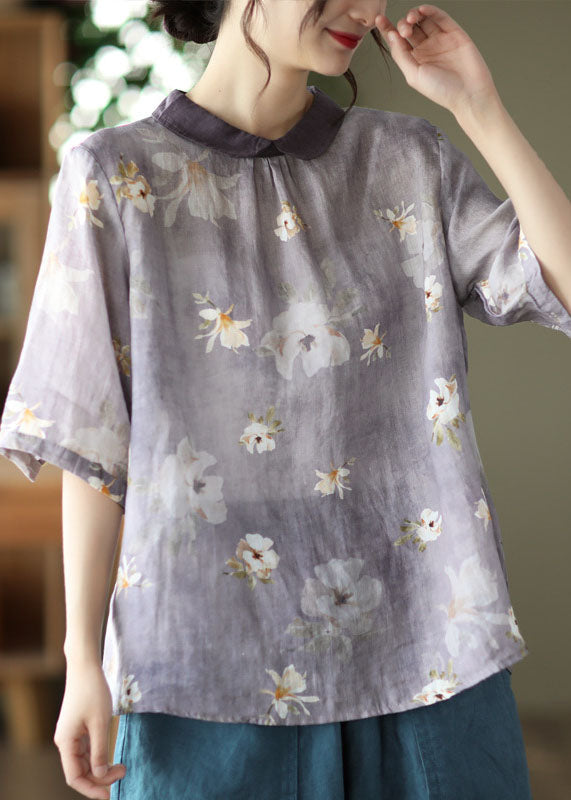 Light Purple Peter Pan Collar Print Linen Shirts Short Sleeve