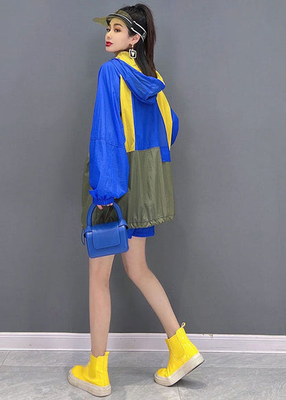 Classy Blue Yellow Hooded Zip Up Patchwork Coats and Shorts Two Pieces Set Summer